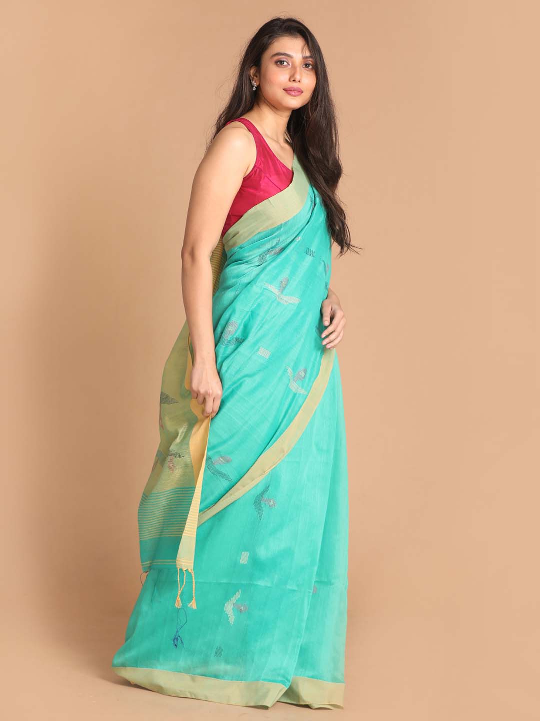 Indethnic Sea Green Bengal Handloom Cotton Blend Work Saree - View 2