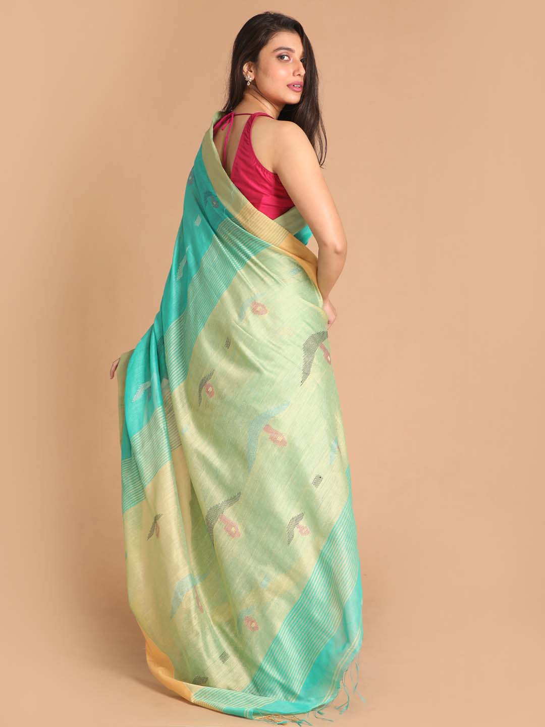 Indethnic Sea Green Bengal Handloom Cotton Blend Work Saree - View 3