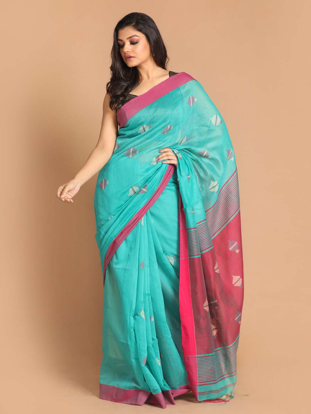 Indethnic Sea Green Bengal Handloom Cotton Blend Work Saree - View 1