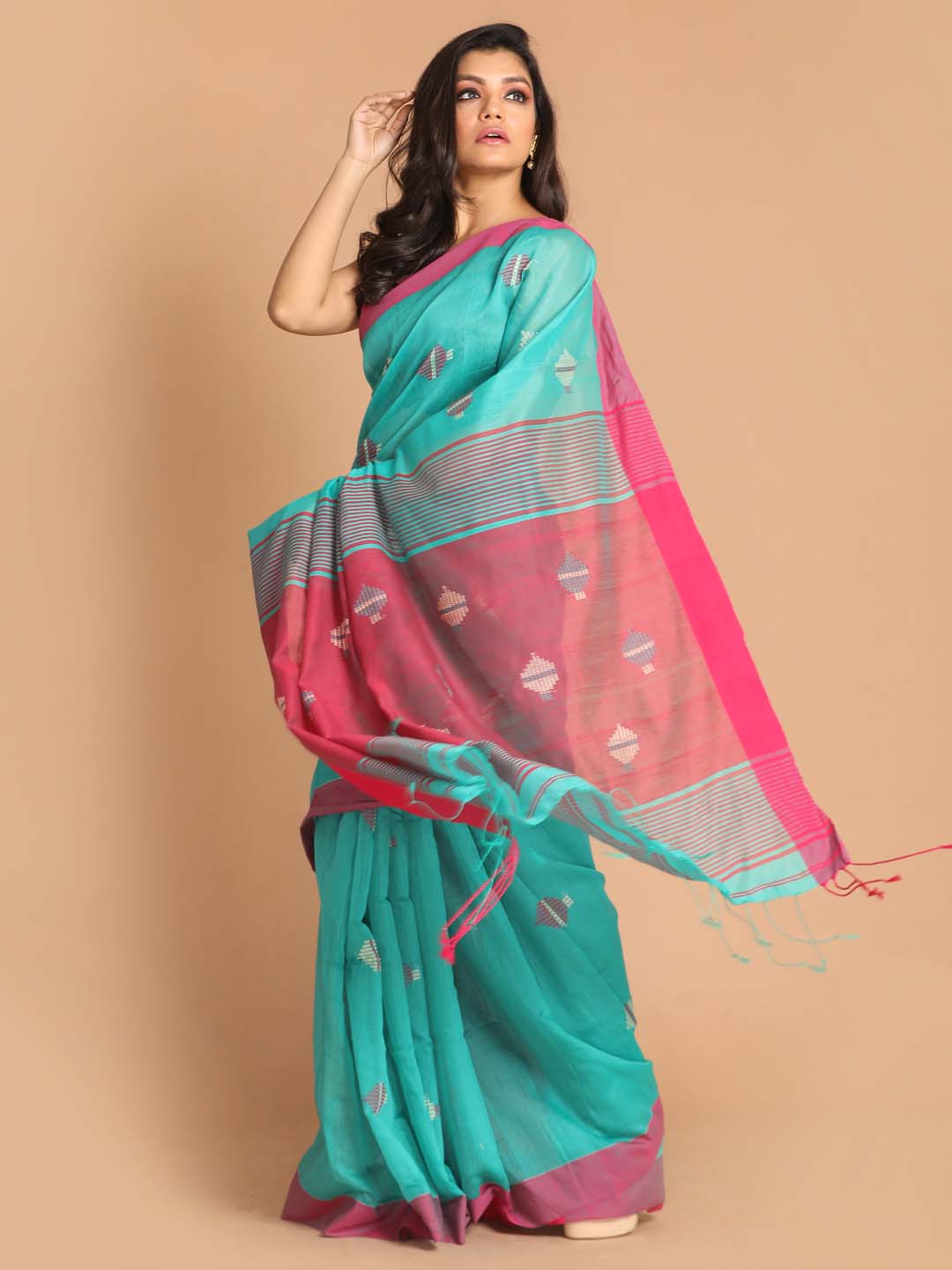 Indethnic Sea Green Bengal Handloom Cotton Blend Work Saree - View 2