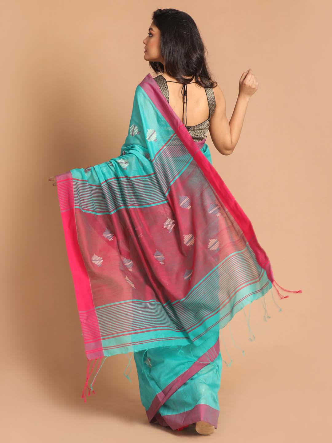 Indethnic Sea Green Bengal Handloom Cotton Blend Work Saree - View 3