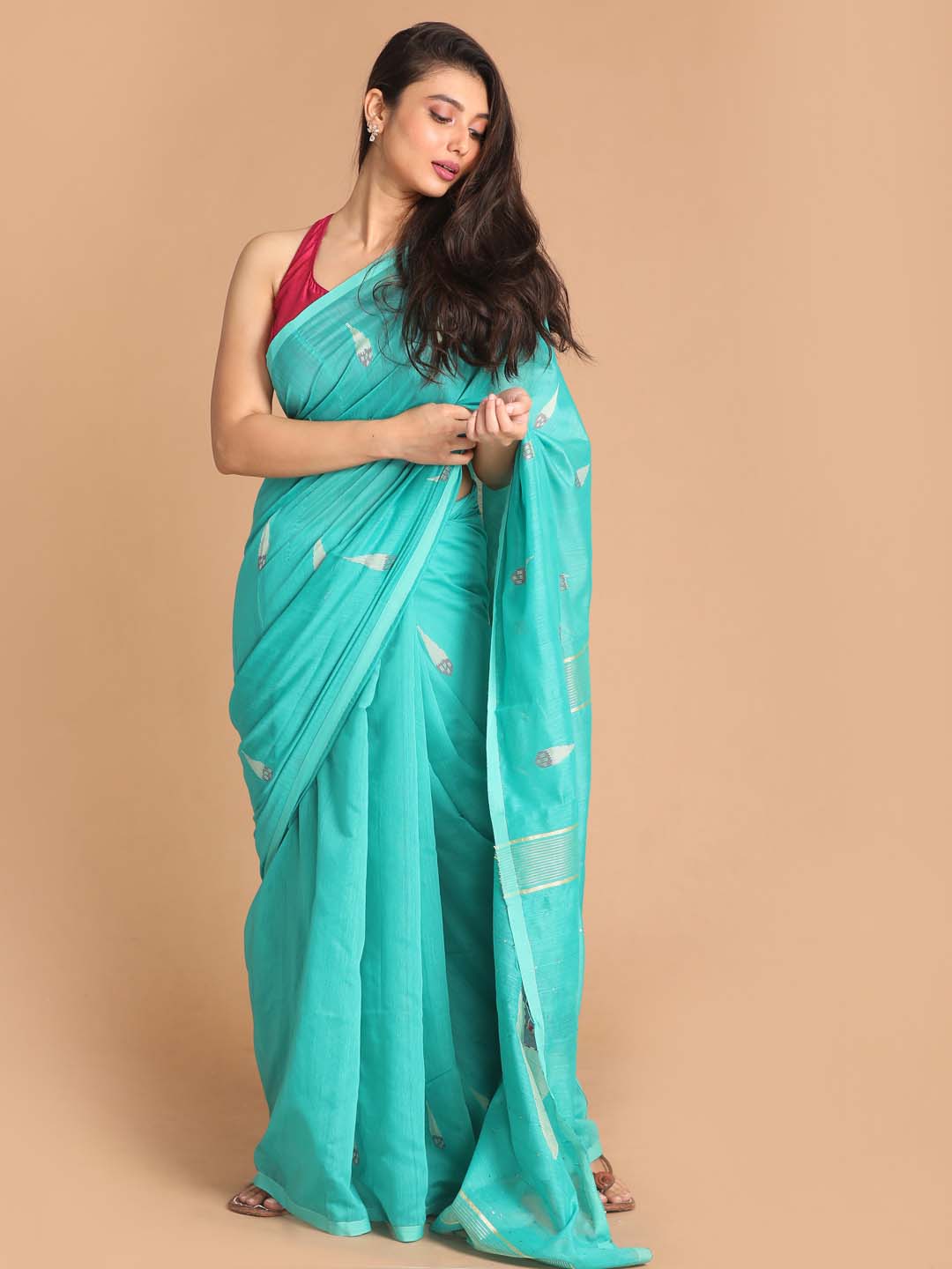 Indethnic Sea Green Bengal Handloom Cotton Blend Work Saree - View 1