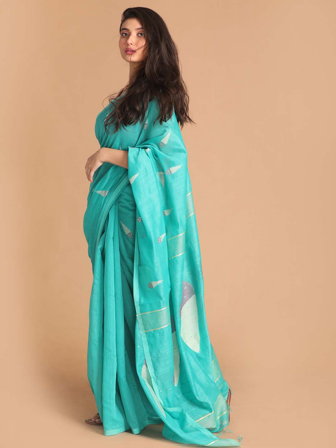 Indethnic Sea Green Bengal Handloom Cotton Blend Work Saree - View 2