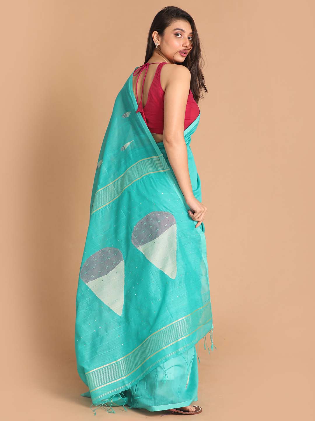 Indethnic Sea Green Bengal Handloom Cotton Blend Work Saree - View 3