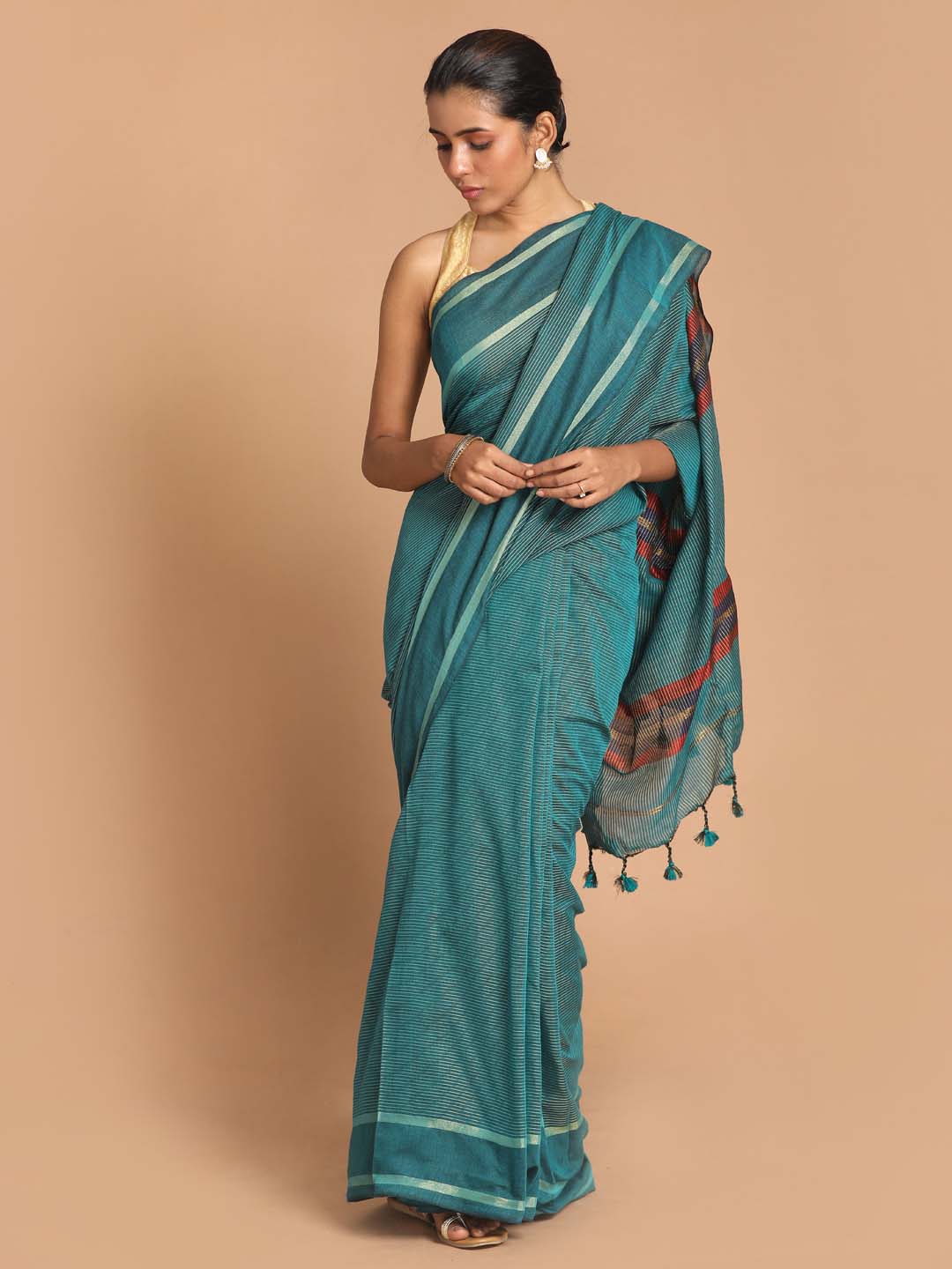 Indethnic Teal Bengal Handloom Cotton Blend Work Saree - View 1