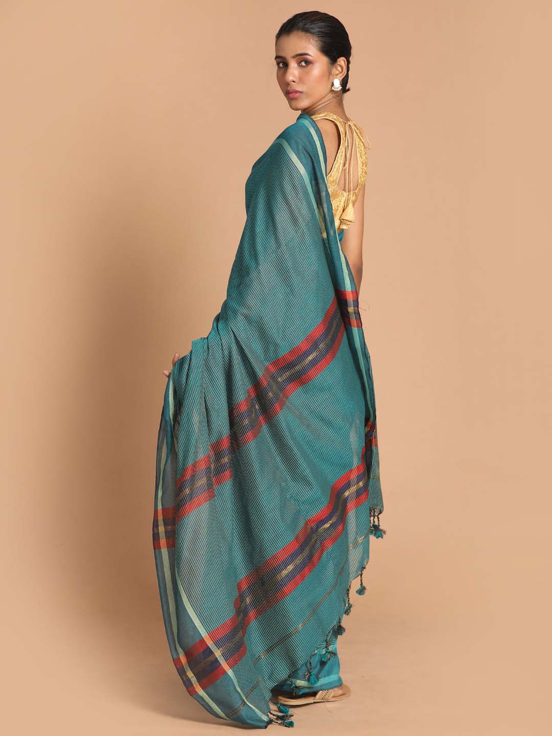 Indethnic Teal Bengal Handloom Cotton Blend Work Saree - View 3