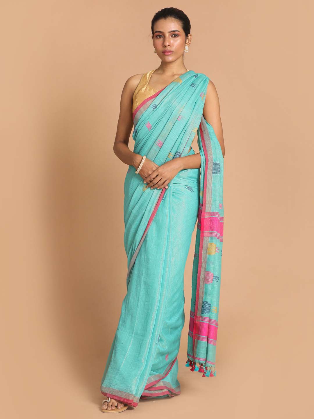 Indethnic Turquoise Blue Bengal Handloom Cotton Blend Party Saree - View 1