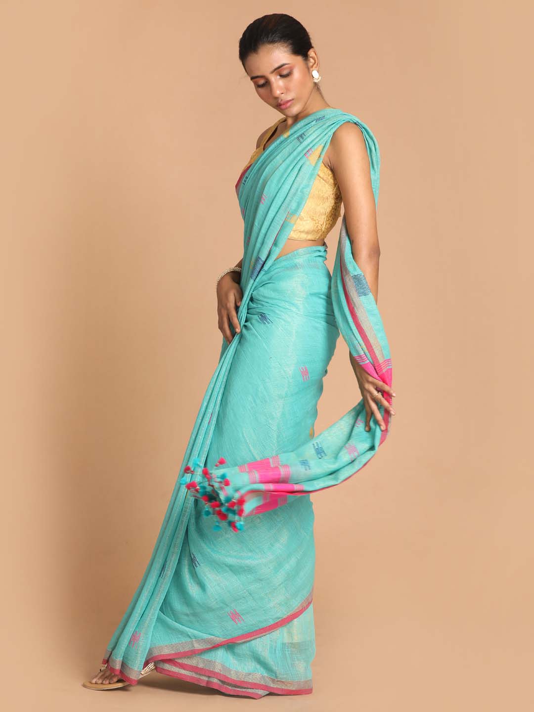 Indethnic Turquoise Blue Bengal Handloom Cotton Blend Party Saree - View 2