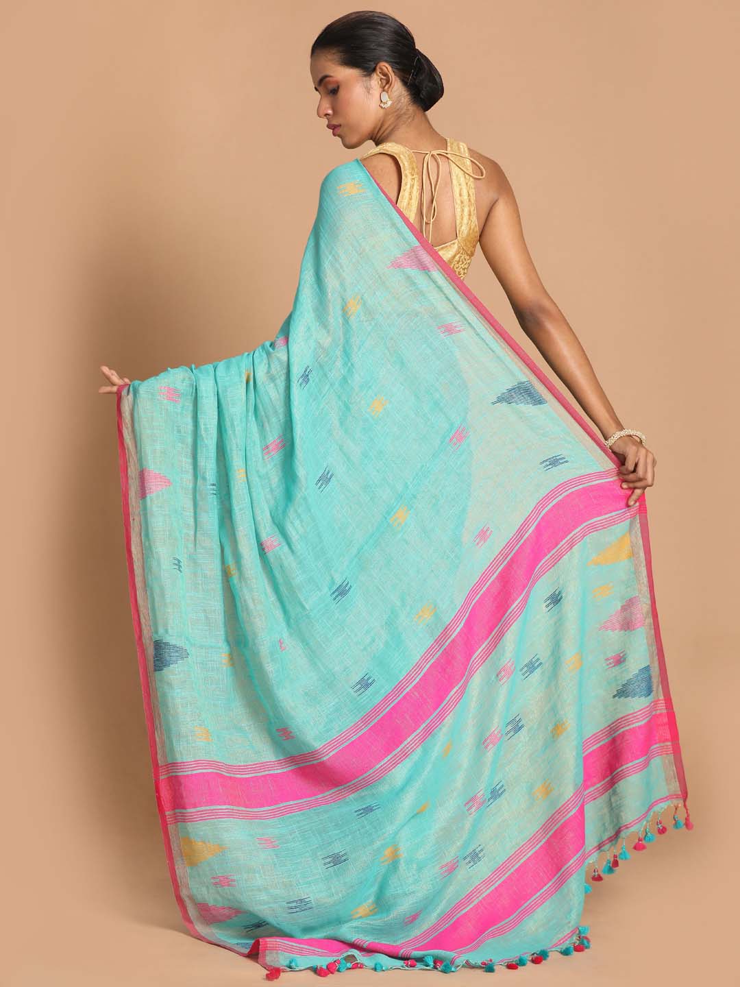 Indethnic Turquoise Blue Bengal Handloom Cotton Blend Party Saree - View 3