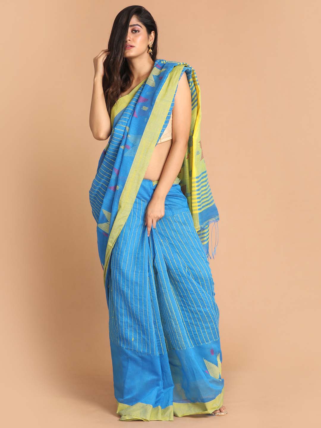 Indethnic Turquoise Blue Bengal Handloom Cotton Blend Work Saree - View 1