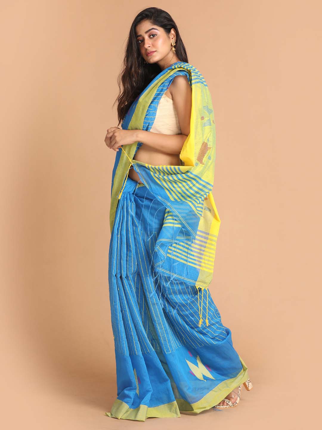 Indethnic Turquoise Blue Bengal Handloom Cotton Blend Work Saree - View 2