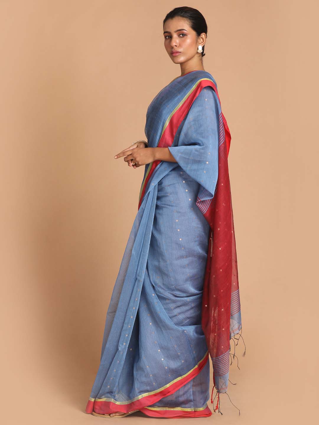 Indethnic Turquoise Blue Bengal Handloom Cotton Blend Work Saree - View 1