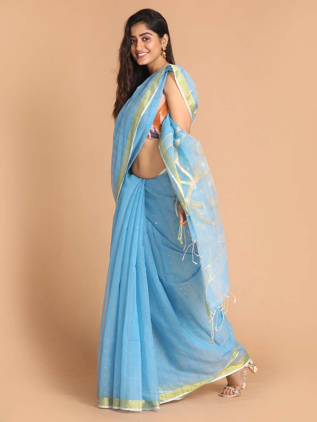 Indethnic Turquoise Blue Bengal Handloom Cotton Blend Work Saree - View 2