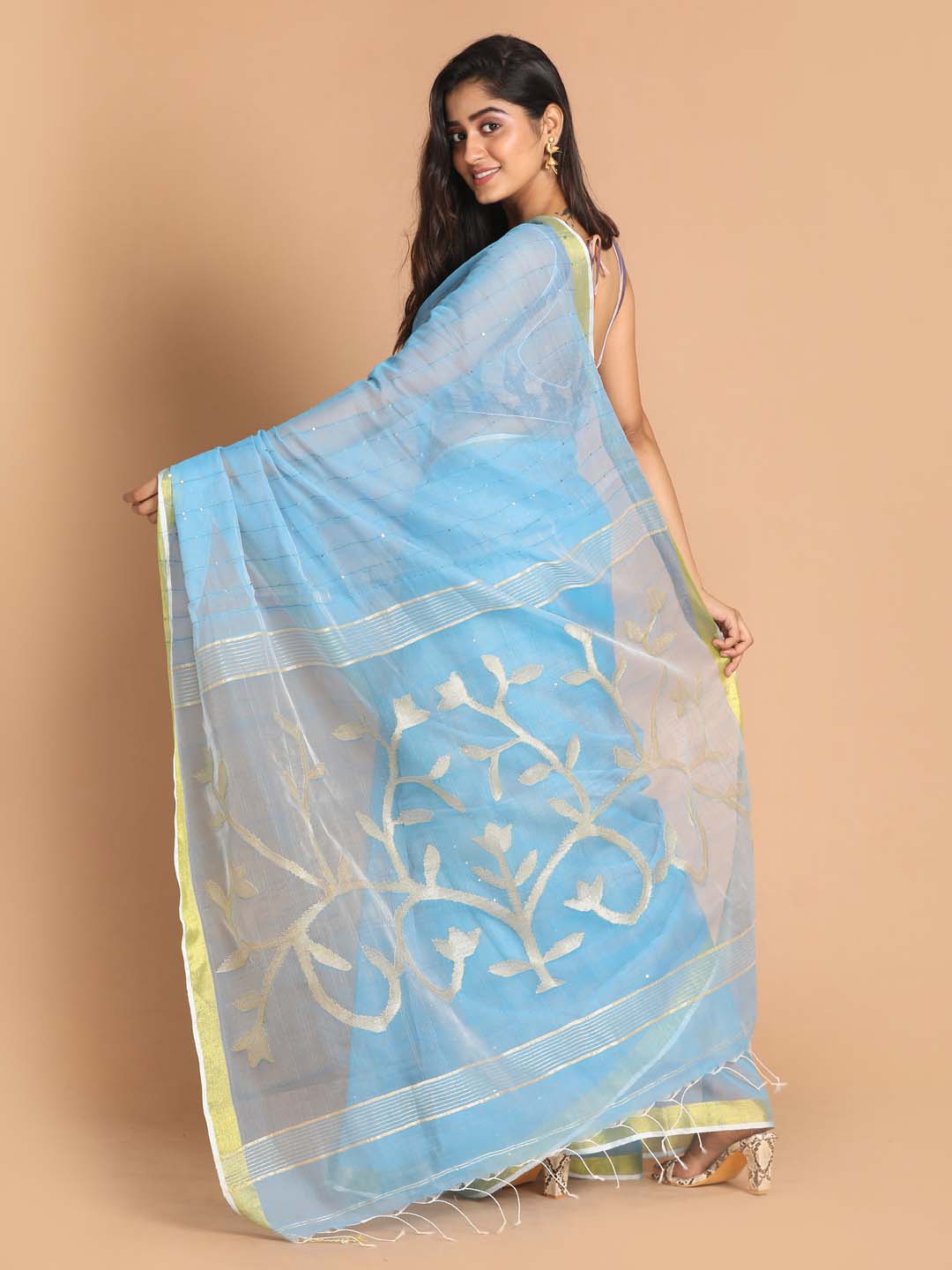 Indethnic Turquoise Blue Bengal Handloom Cotton Blend Work Saree - View 3