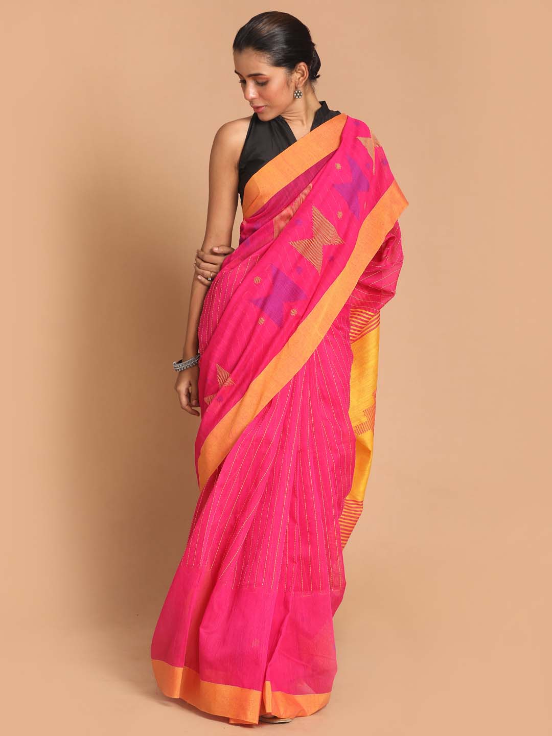 Indethnic Pink Bengal Handloom Cotton Blend Work Saree - View 1