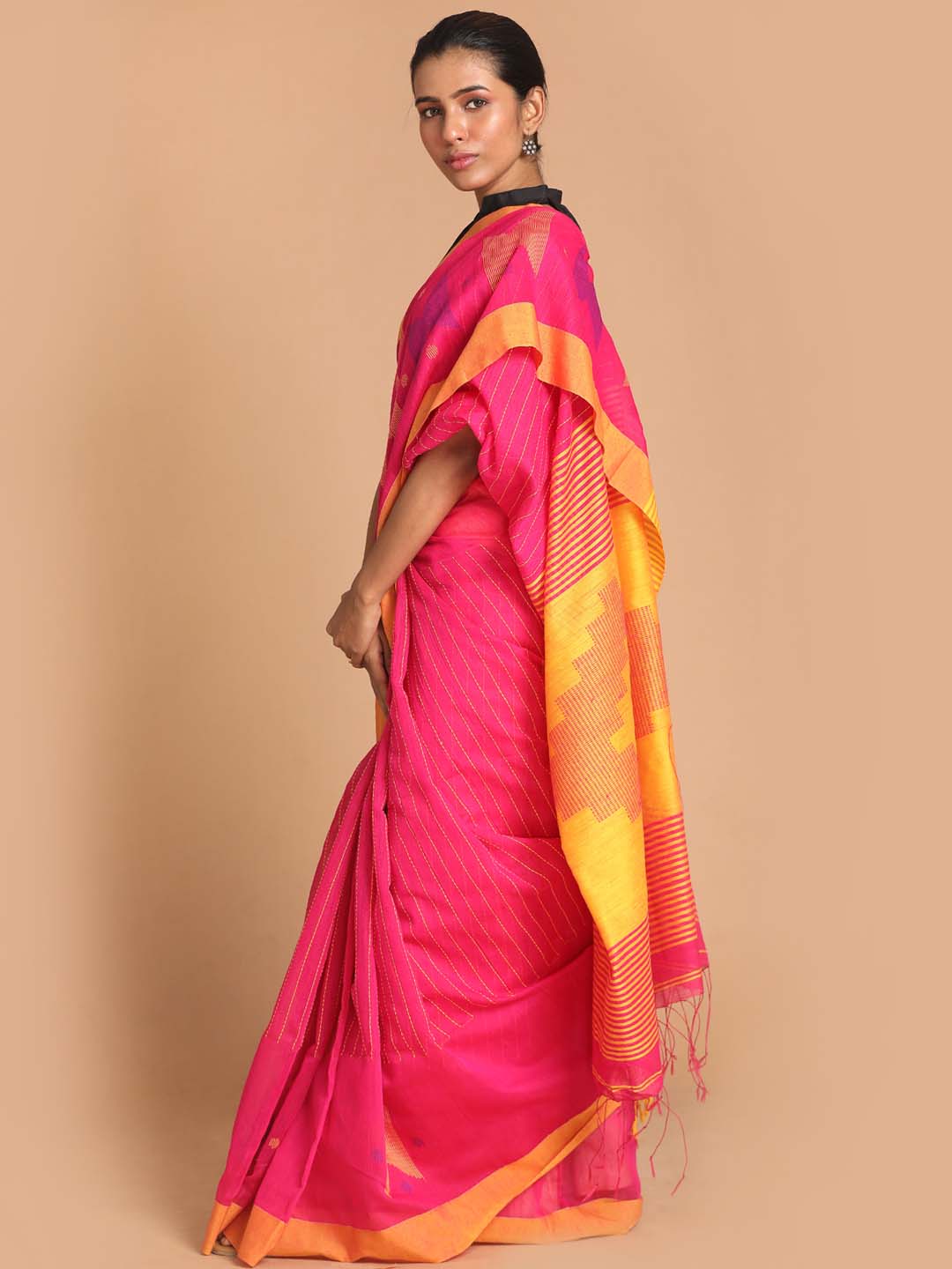 Indethnic Pink Bengal Handloom Cotton Blend Work Saree - View 2