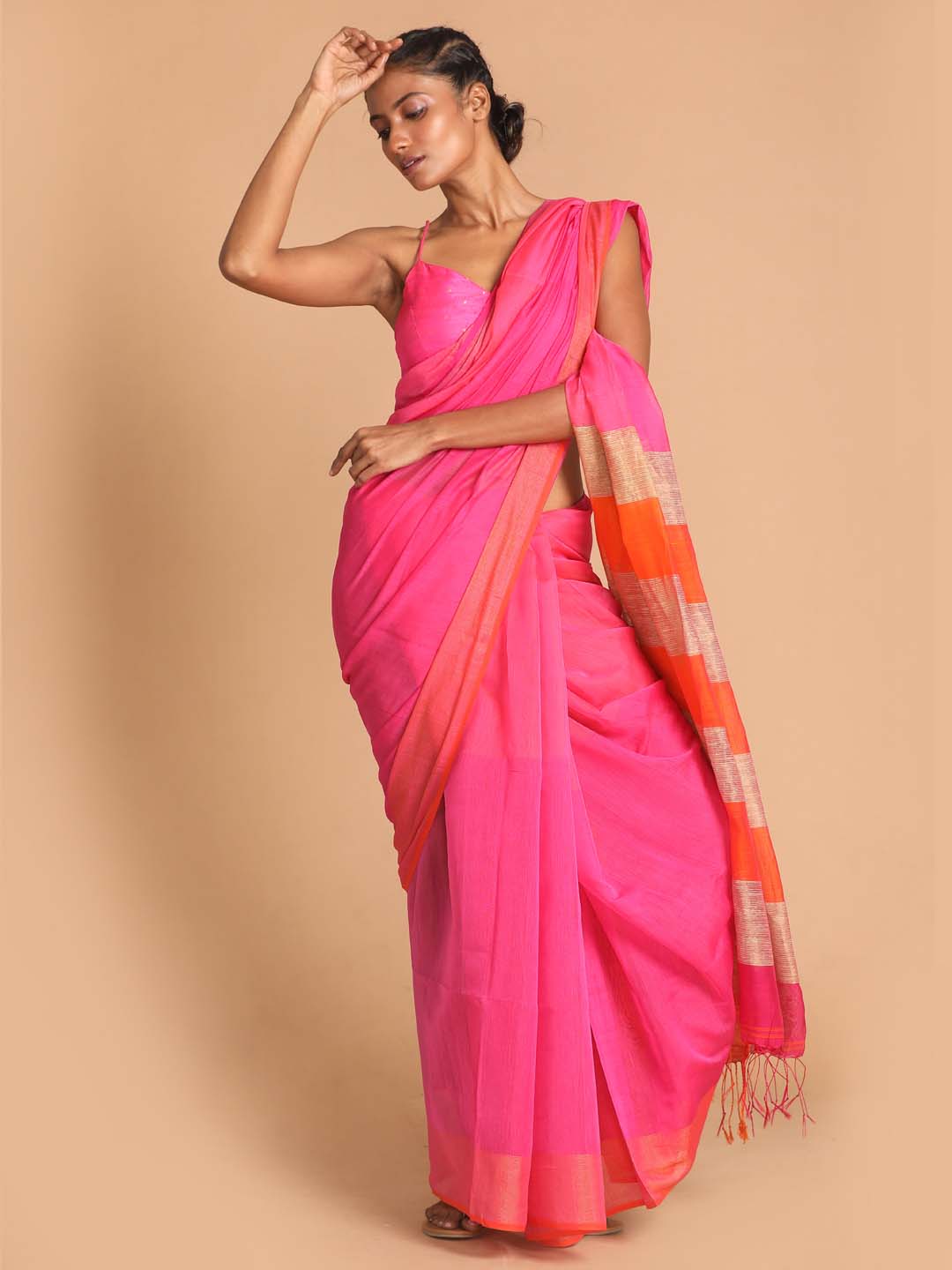 Indethnic Pink Bengal Handloom Cotton Blend Work Saree - View 1