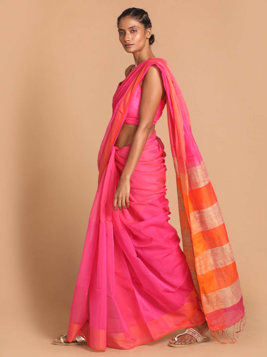 Indethnic Pink Bengal Handloom Cotton Blend Work Saree - View 2