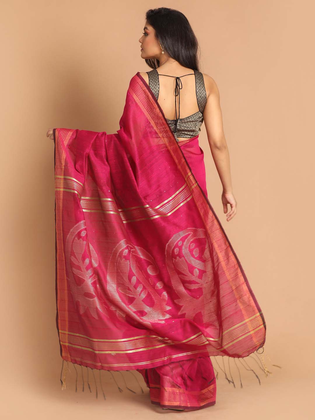 Indethnic Pink Bengal Handloom Cotton Blend Work Saree - View 3