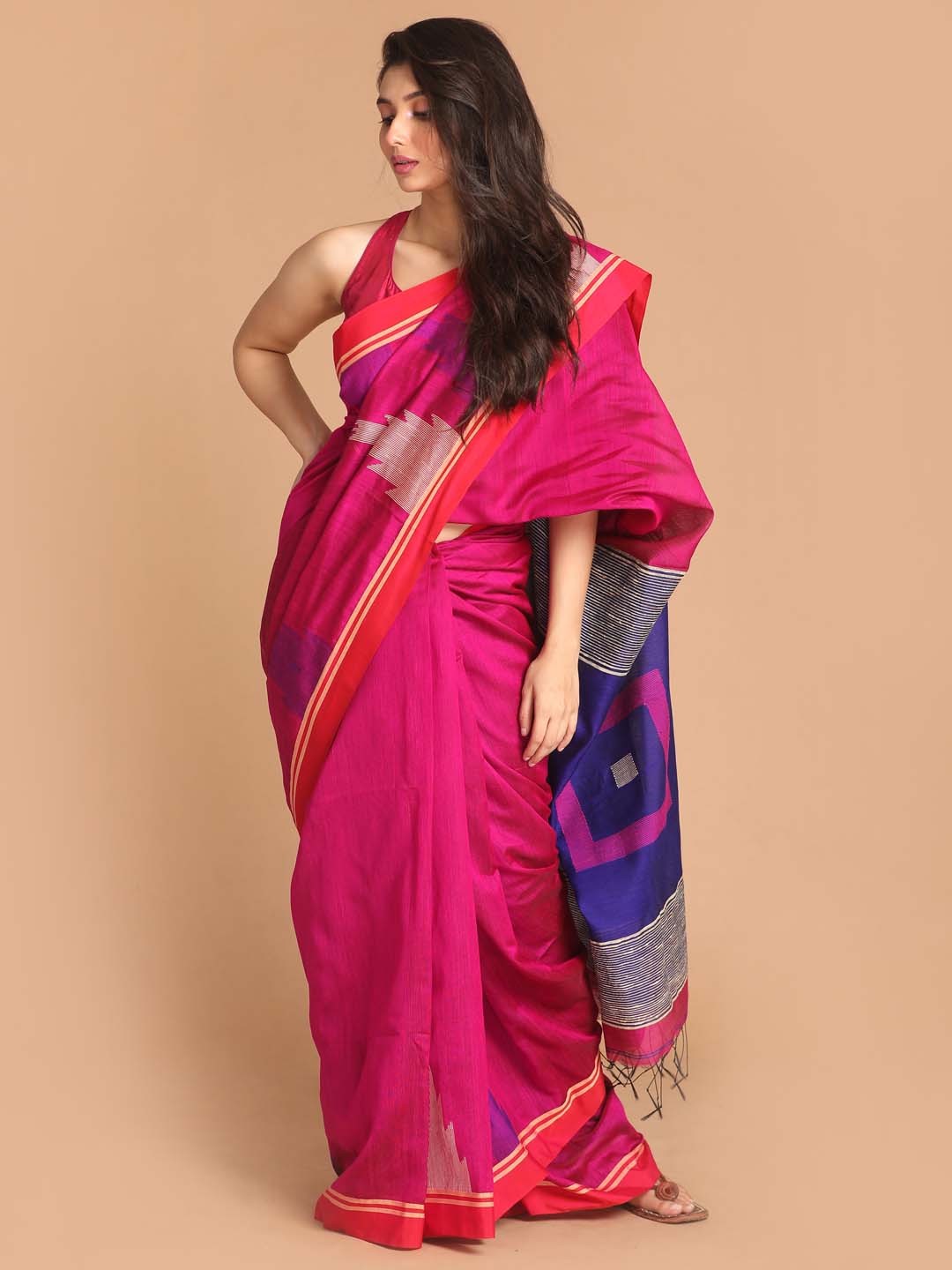 Indethnic Pink Bengal Handloom Cotton Blend Work Saree - View 1