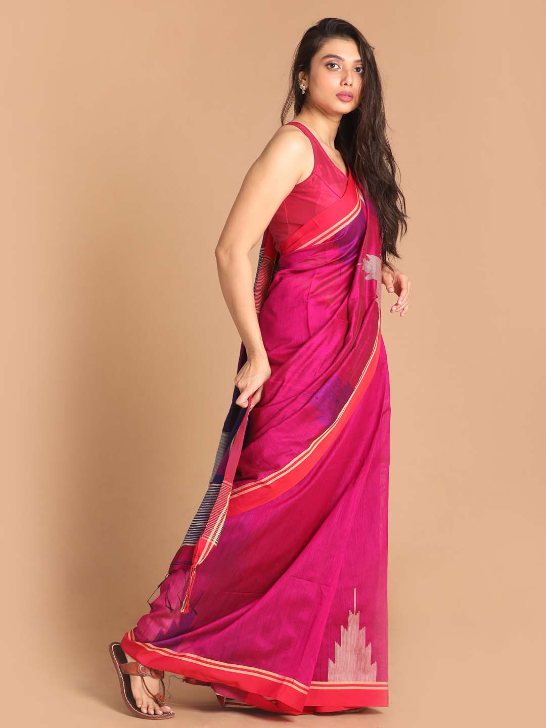 Indethnic Pink Bengal Handloom Cotton Blend Work Saree - View 2