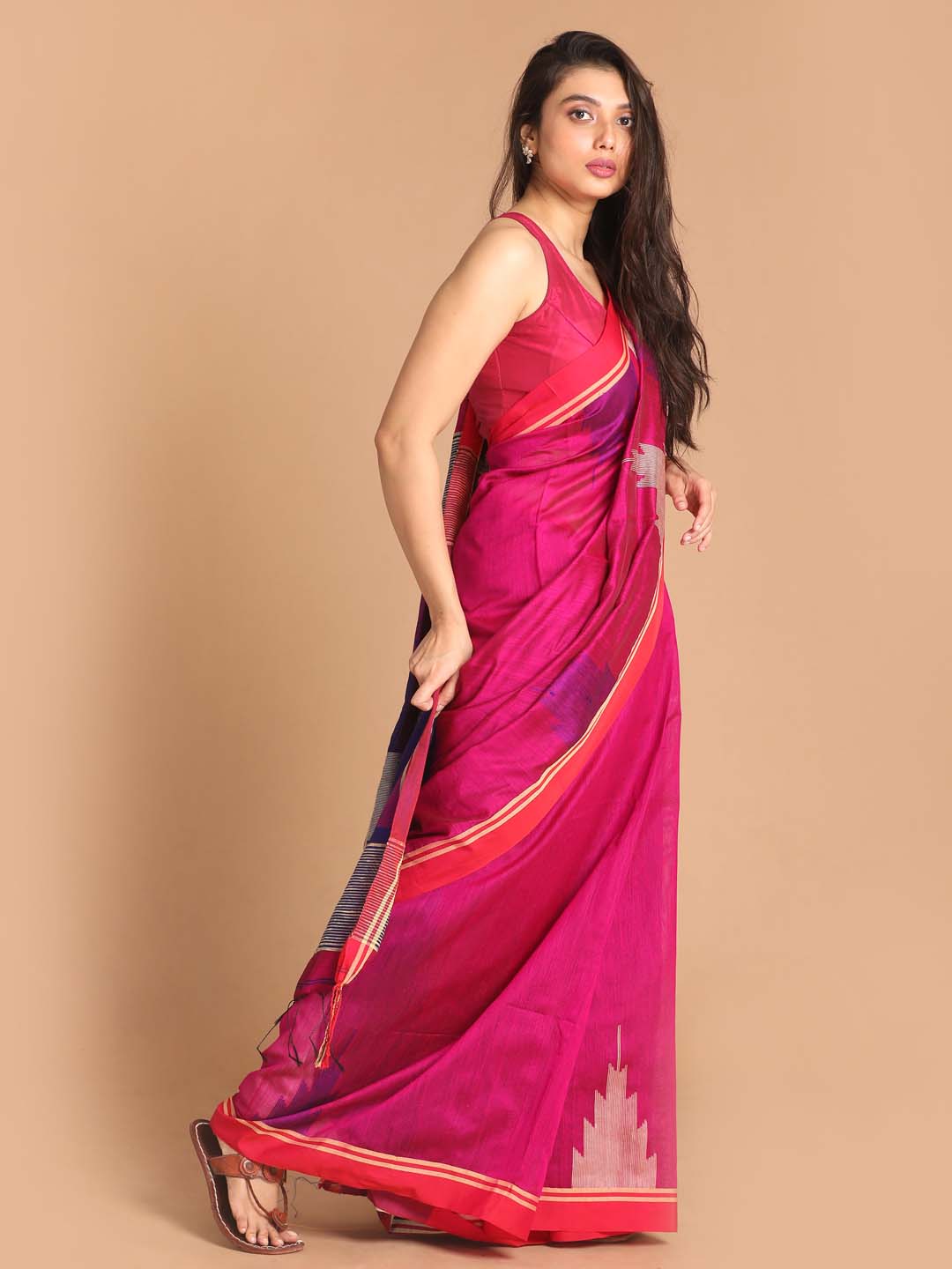 Indethnic Pink Bengal Handloom Cotton Blend Work Saree - View 1