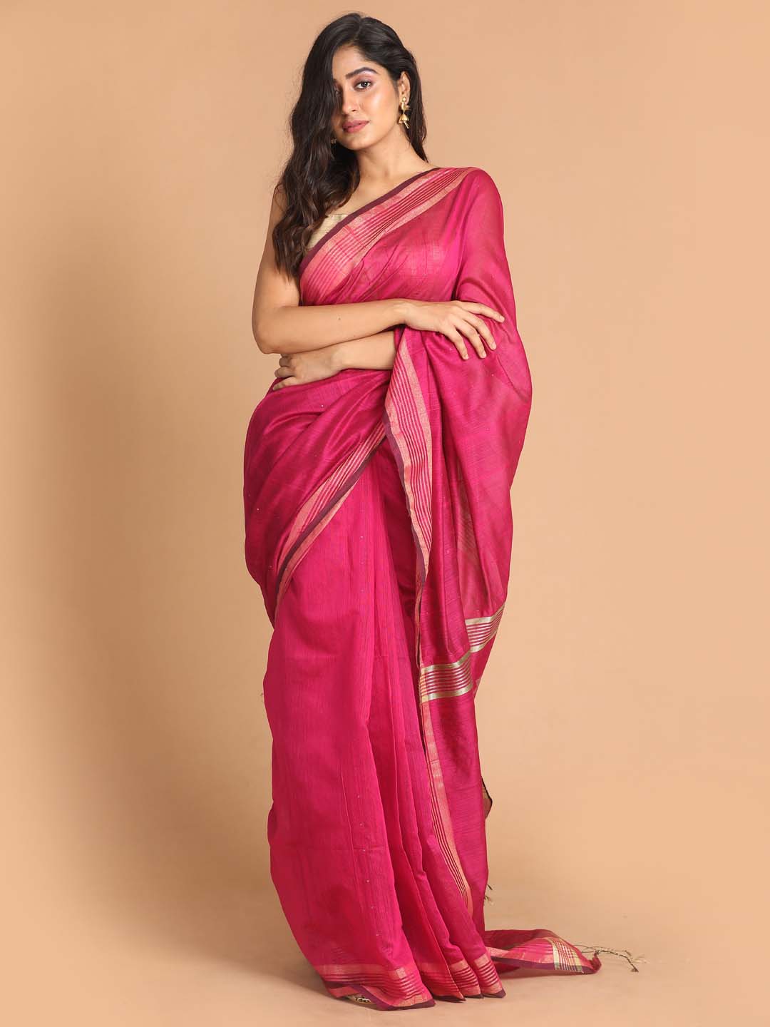 Indethnic Pink Bengal Handloom Cotton Blend Party Saree - View 1