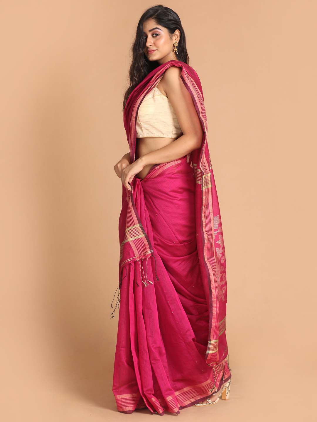 Indethnic Pink Bengal Handloom Cotton Blend Party Saree - View 2