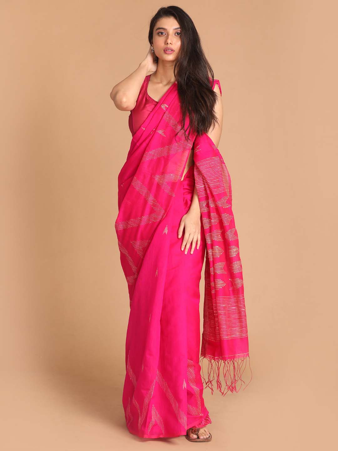 Indethnic Pink Bengal Handloom Cotton Blend Work Saree - View 1