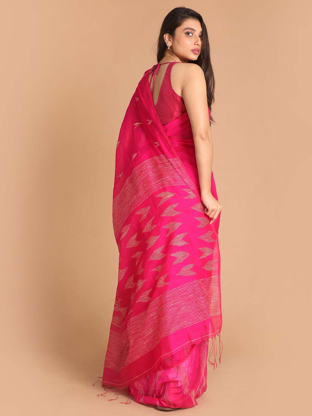 Indethnic Pink Bengal Handloom Cotton Blend Work Saree - View 3