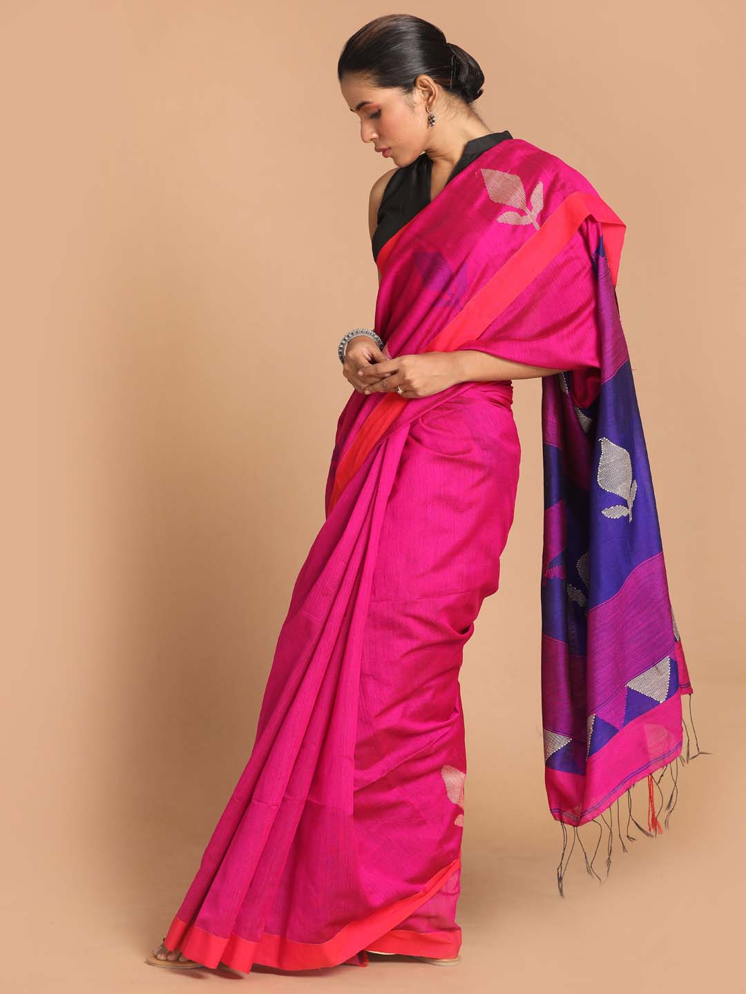 Indethnic Pink Bengal Handloom Cotton Blend Work Saree - View 2