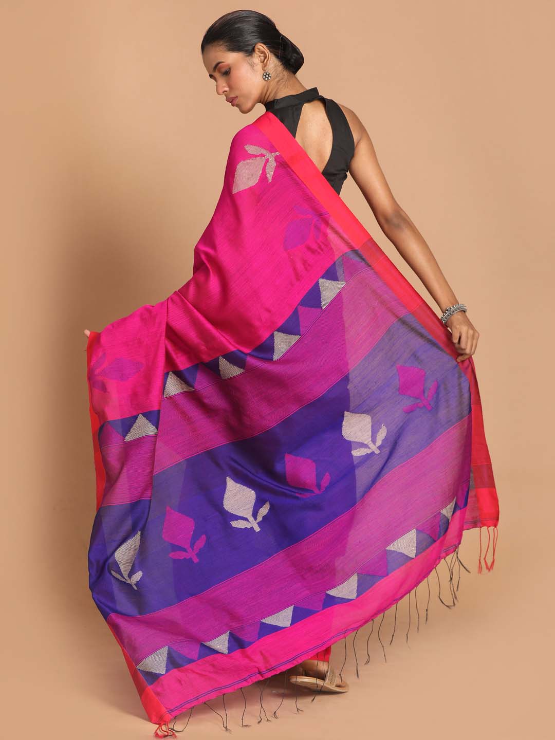 Indethnic Pink Bengal Handloom Cotton Blend Work Saree - View 3