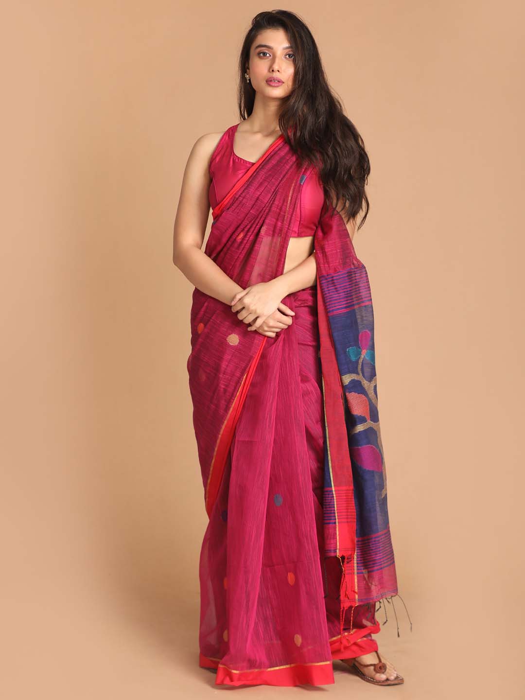 Indethnic Pink Bengal Handloom Cotton Blend Work Saree - View 1