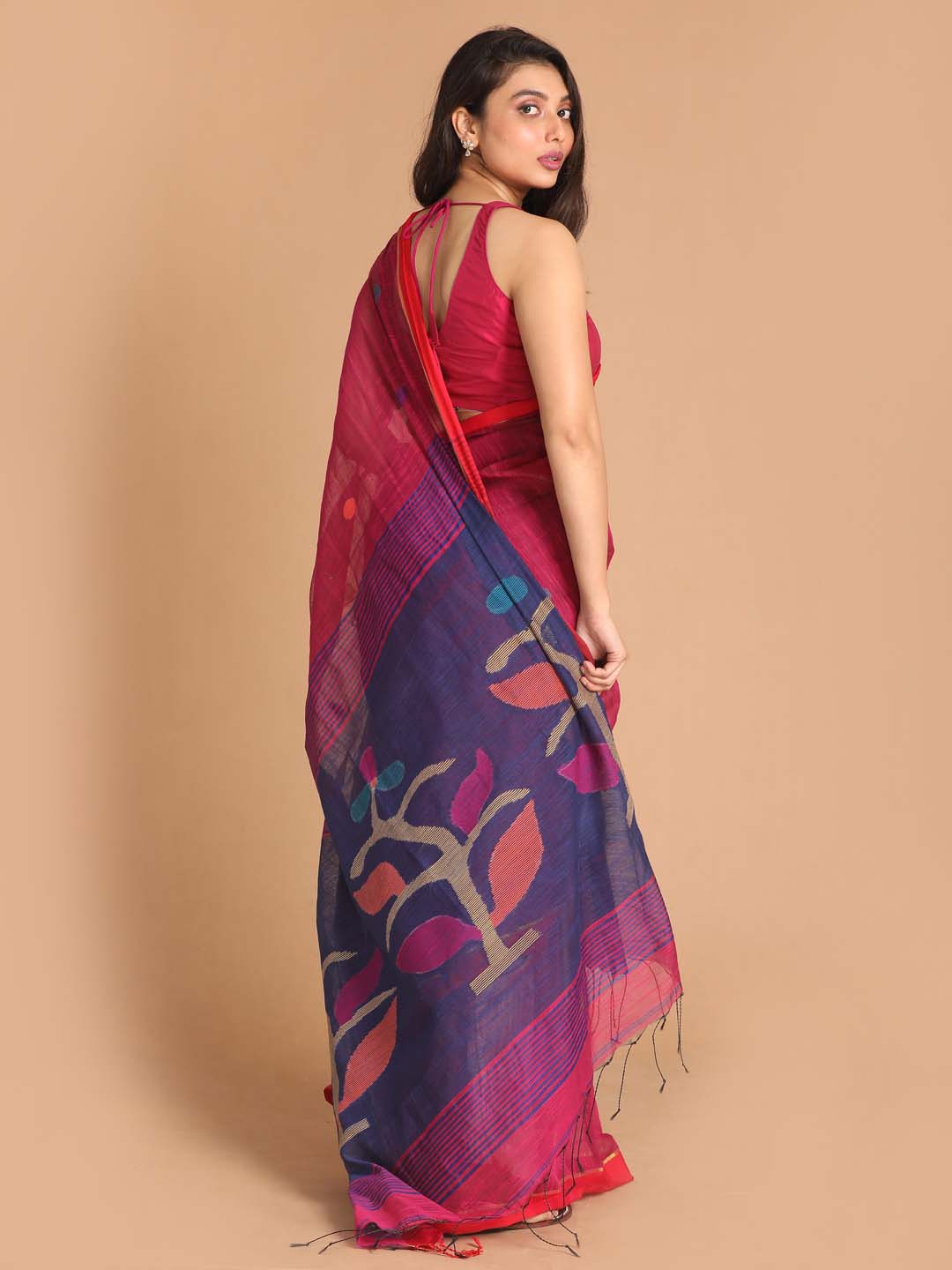 Indethnic Pink Bengal Handloom Cotton Blend Work Saree - View 3