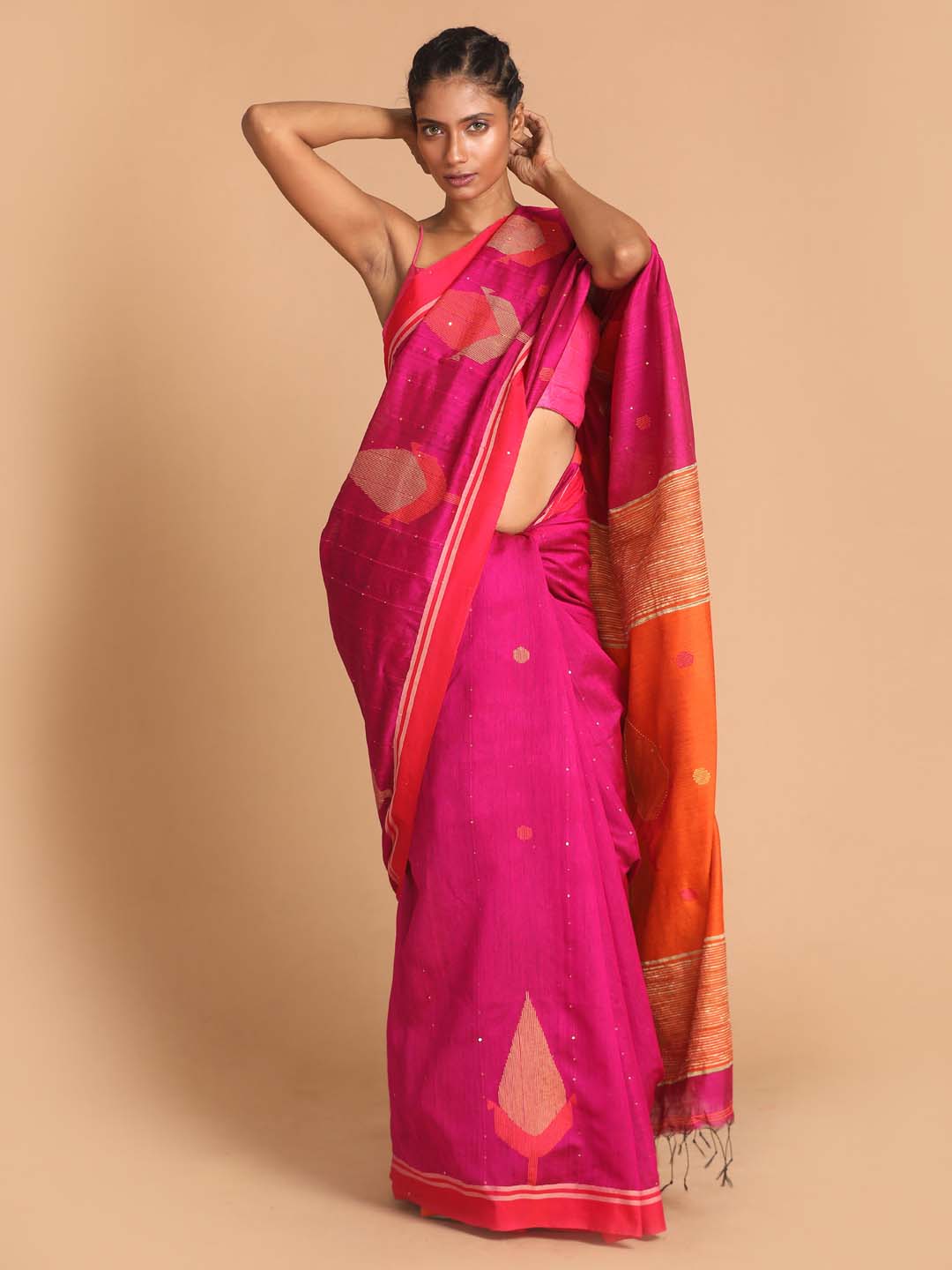 Indethnic Pink Bengal Handloom Cotton Blend Work Saree - View 1