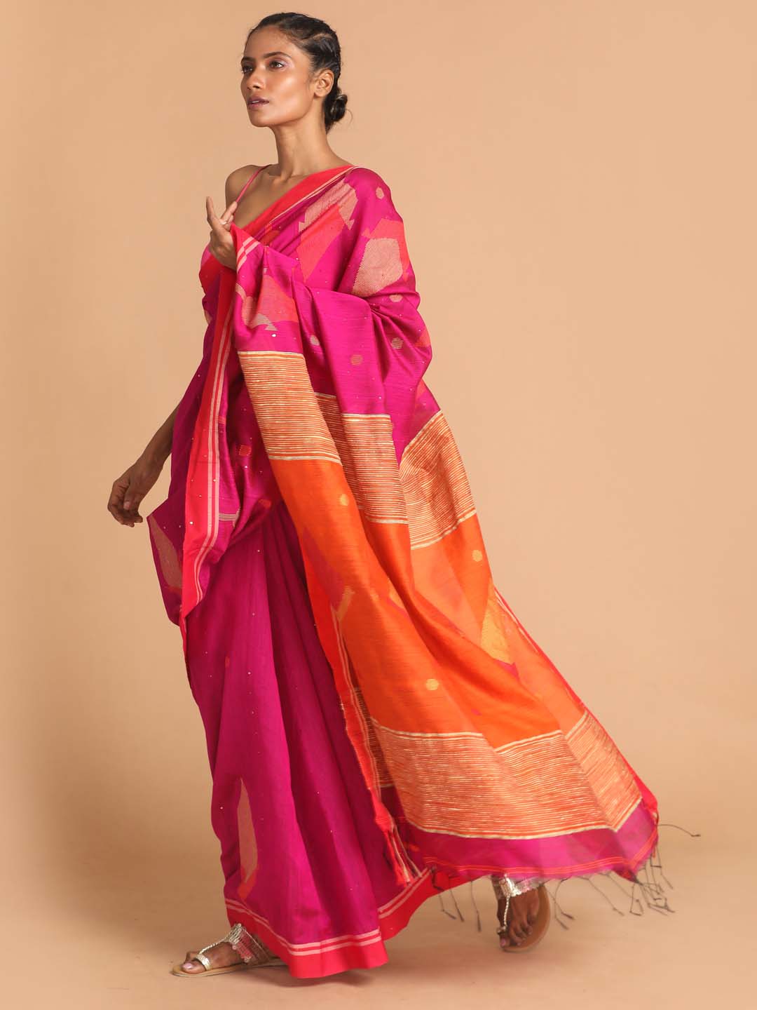 Indethnic Pink Bengal Handloom Cotton Blend Work Saree - View 2