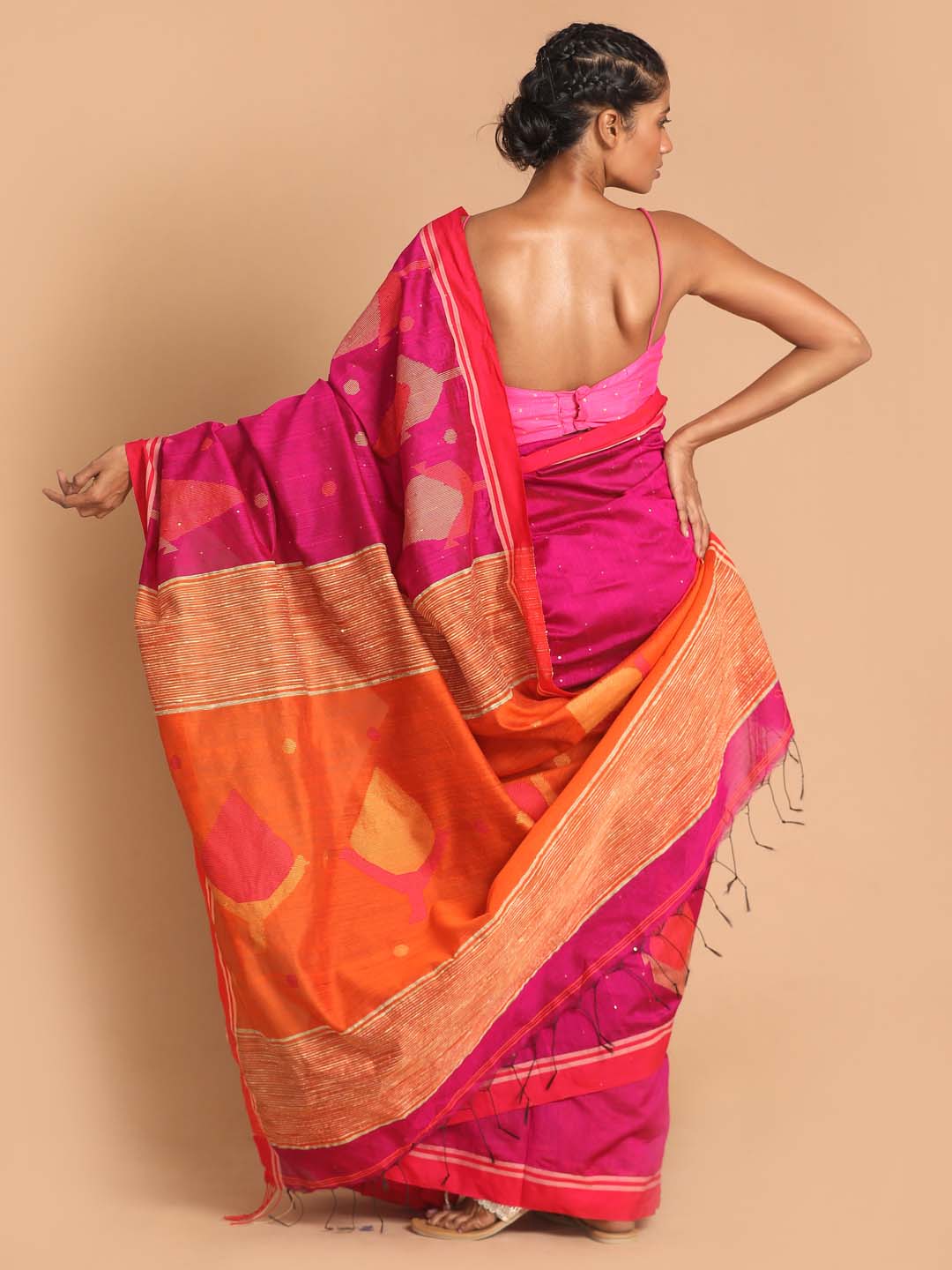 Indethnic Pink Bengal Handloom Cotton Blend Work Saree - View 3