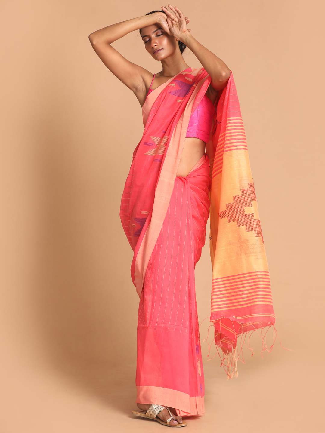 Indethnic Pink Bengal Handloom Cotton Blend Work Saree - View 1