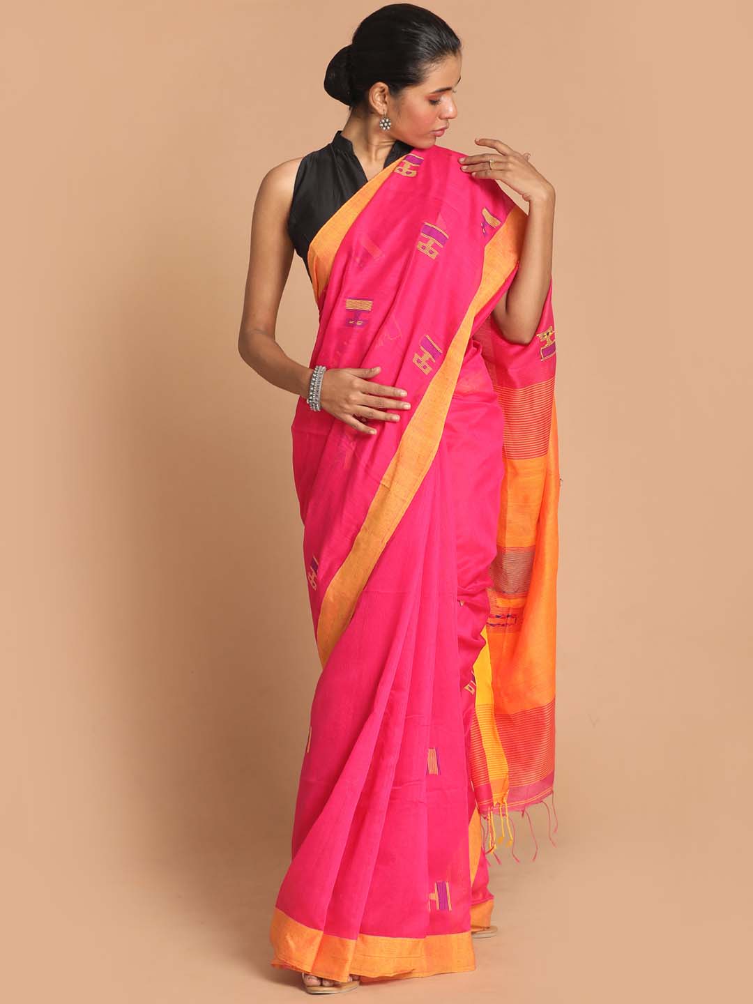 Indethnic Pink Bengal Handloom Cotton Blend Work Saree - View 1