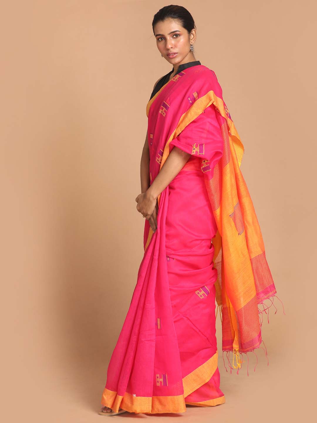 Indethnic Pink Bengal Handloom Cotton Blend Work Saree - View 2