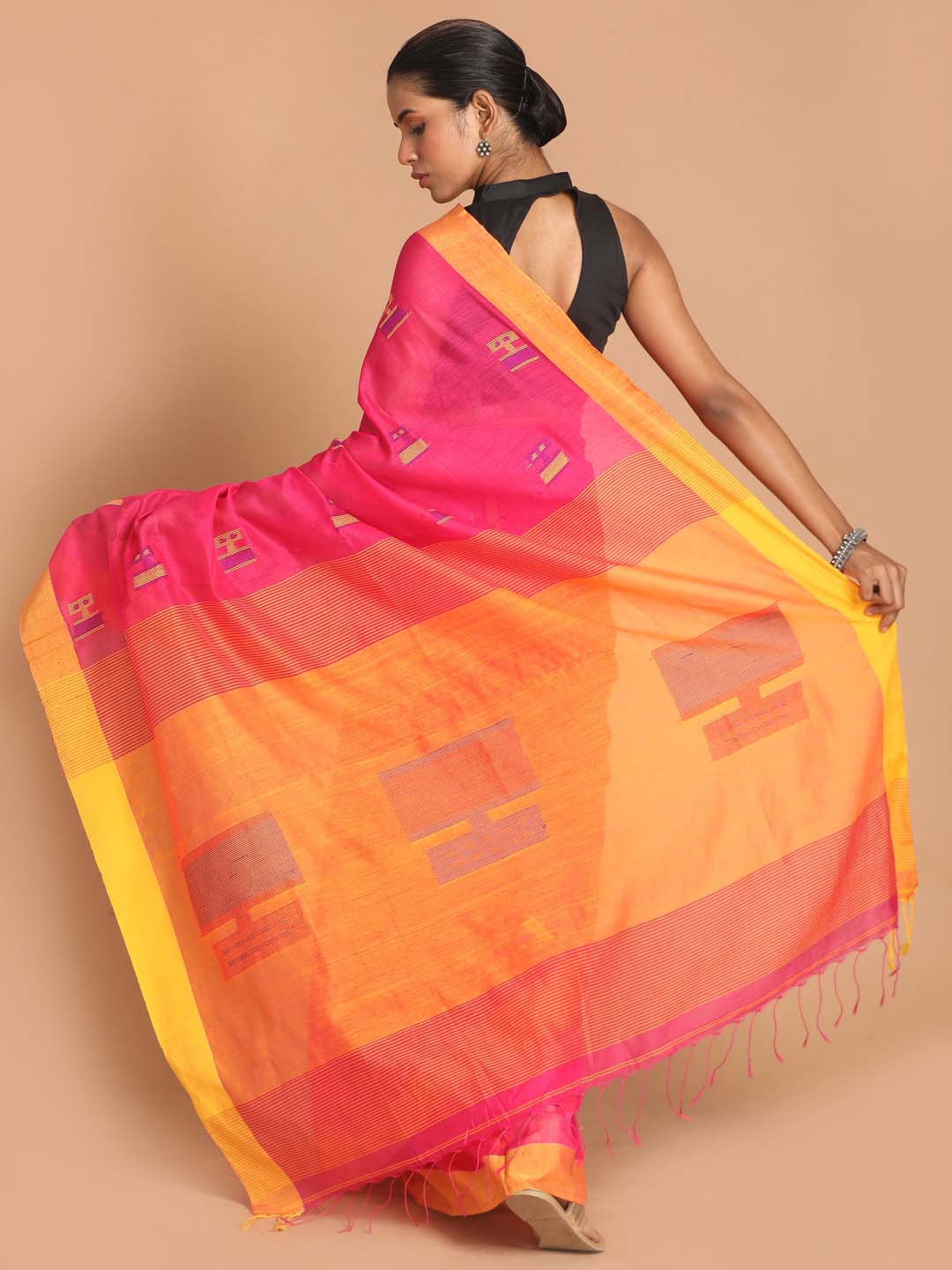 Indethnic Pink Bengal Handloom Cotton Blend Work Saree - View 3