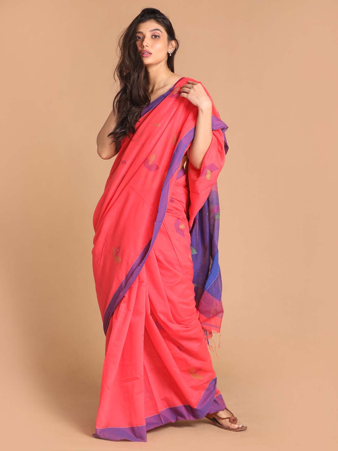 Indethnic Pink Bengal Handloom Cotton Blend Work Saree - View 1