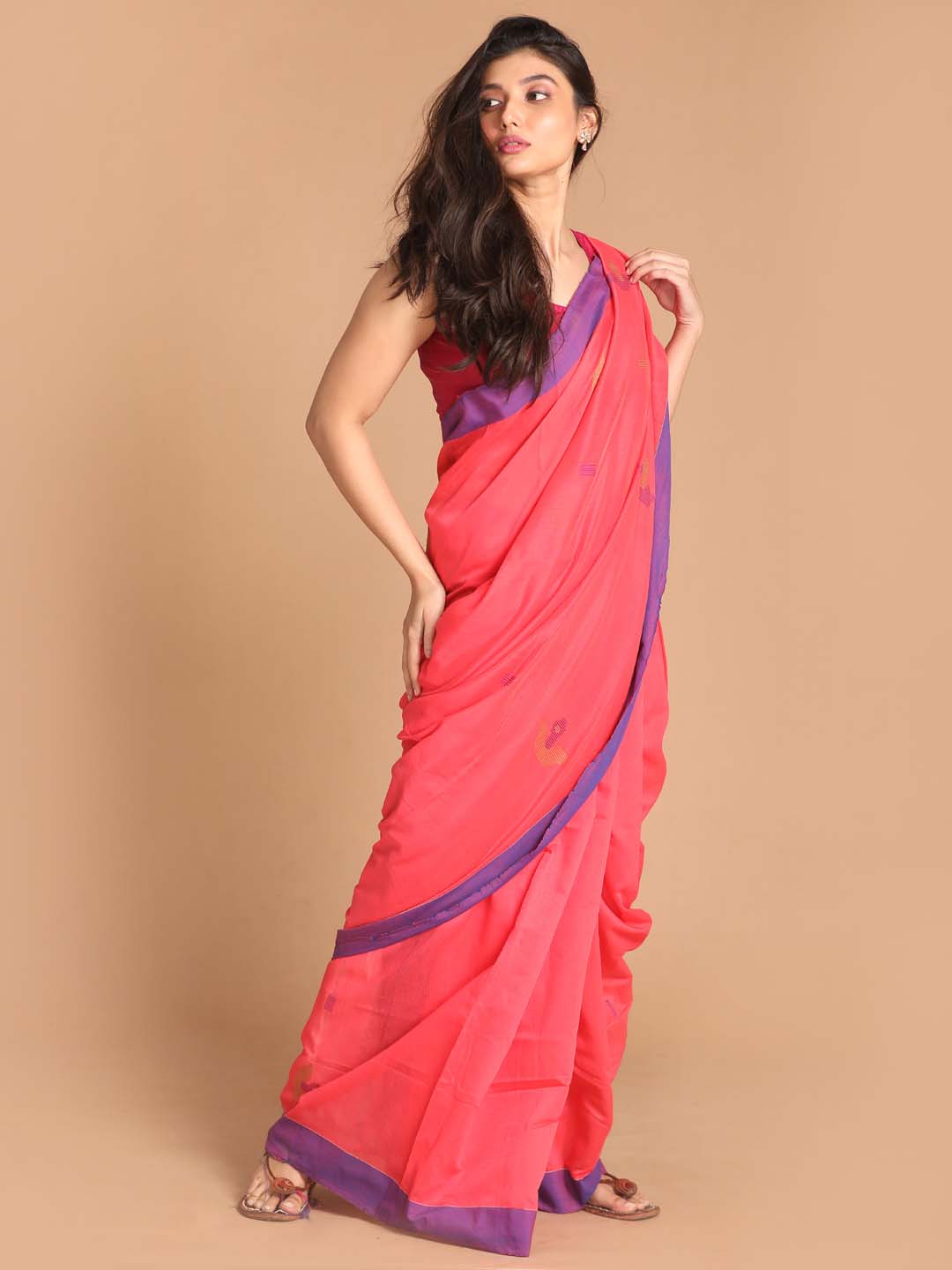 Indethnic Pink Bengal Handloom Cotton Blend Work Saree - View 2