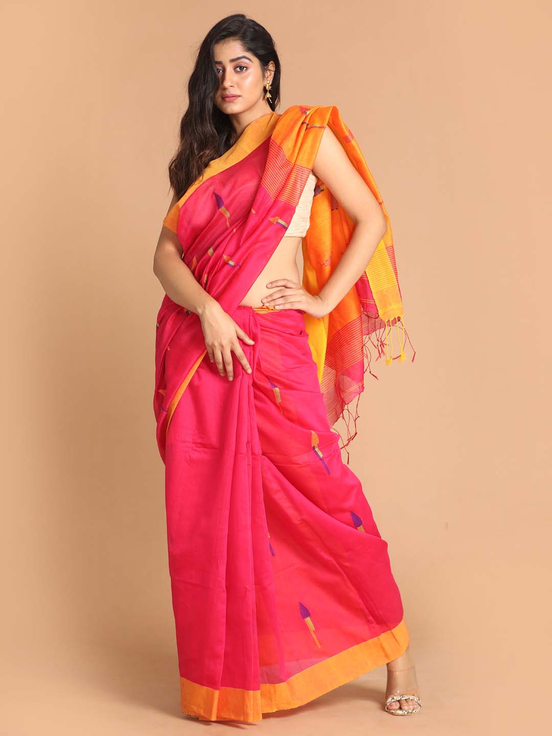 Indethnic Pink Bengal Handloom Cotton Blend Work Saree - View 1