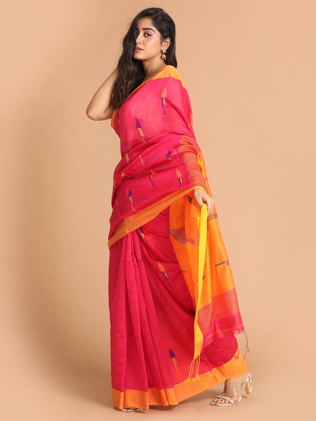 Indethnic Pink Bengal Handloom Cotton Blend Work Saree - View 2