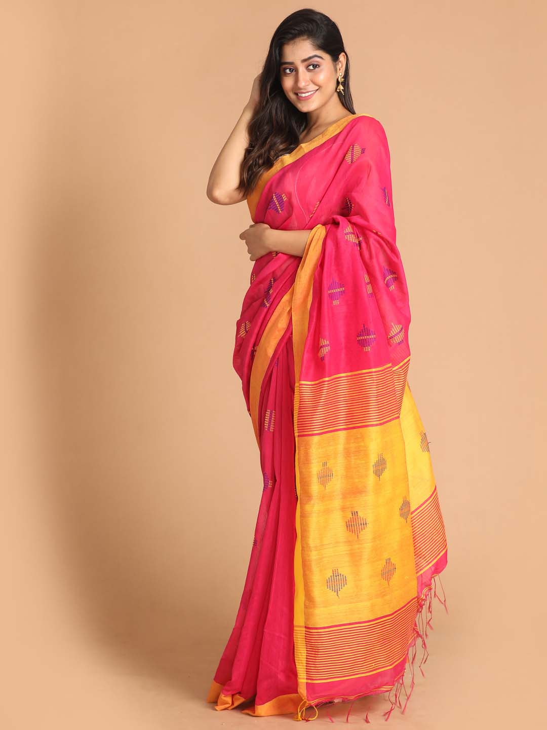 Indethnic Pink Bengal Handloom Cotton Blend Work Saree - View 2