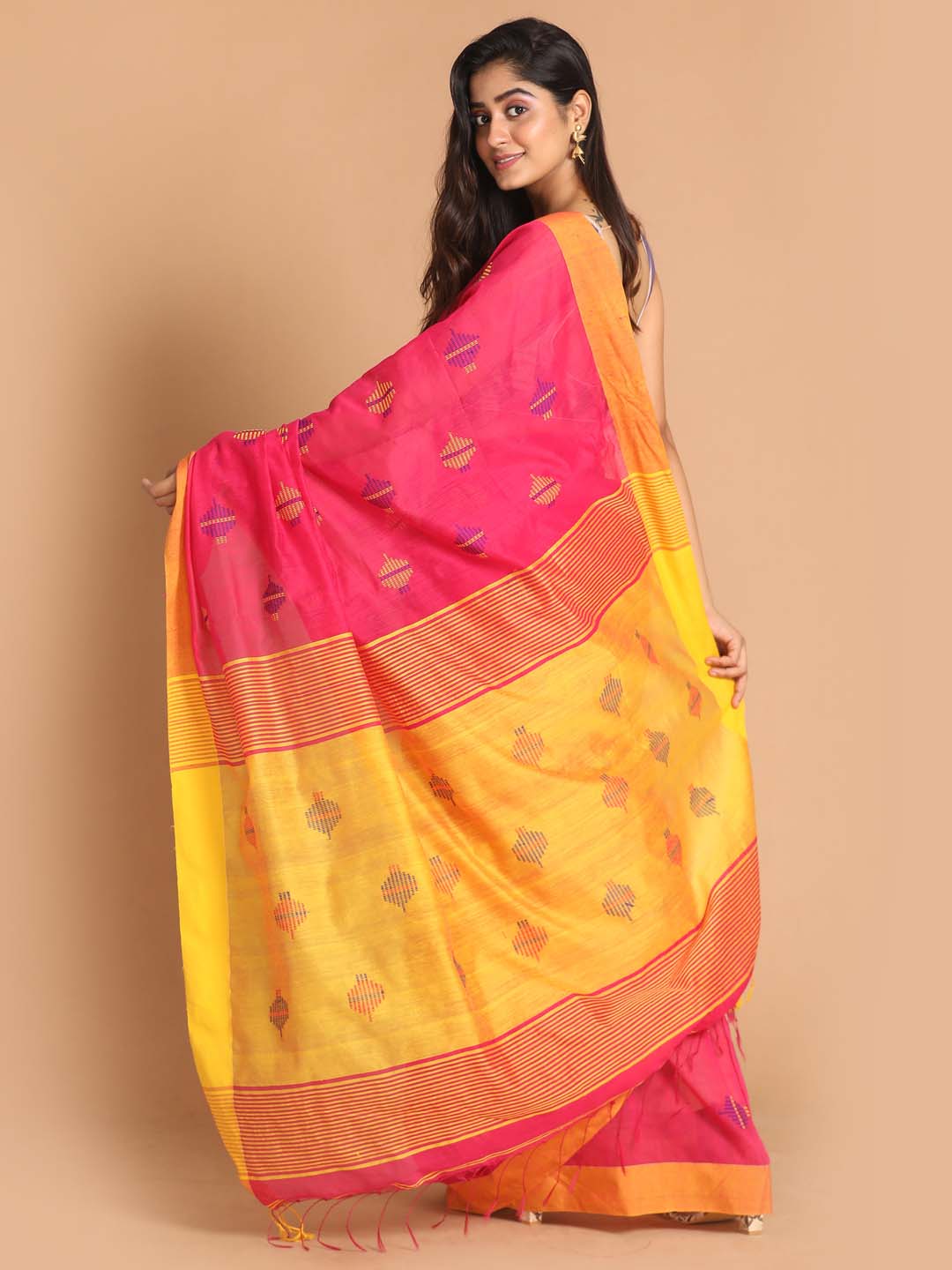 Indethnic Pink Bengal Handloom Cotton Blend Work Saree - View 3