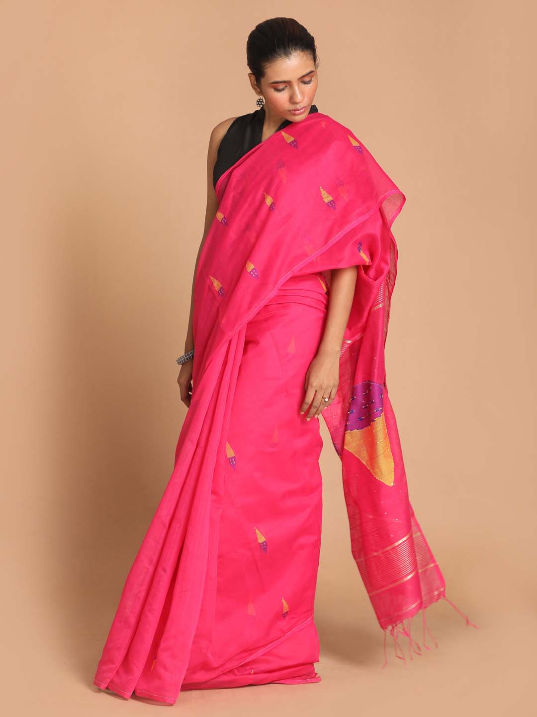 Indethnic Pink Bengal Handloom Cotton Blend Work Saree - View 1