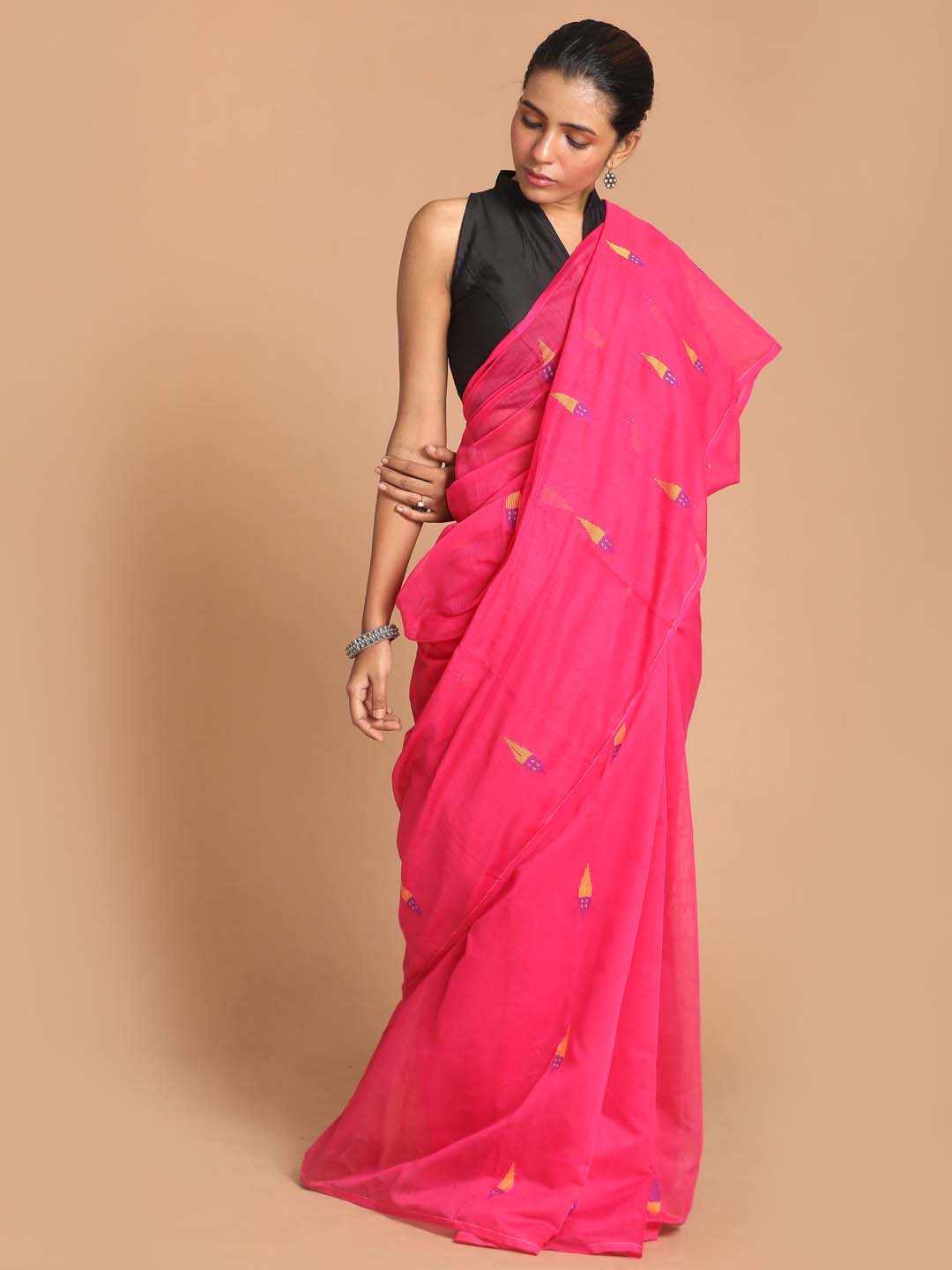 Indethnic Pink Bengal Handloom Cotton Blend Work Saree - View 2