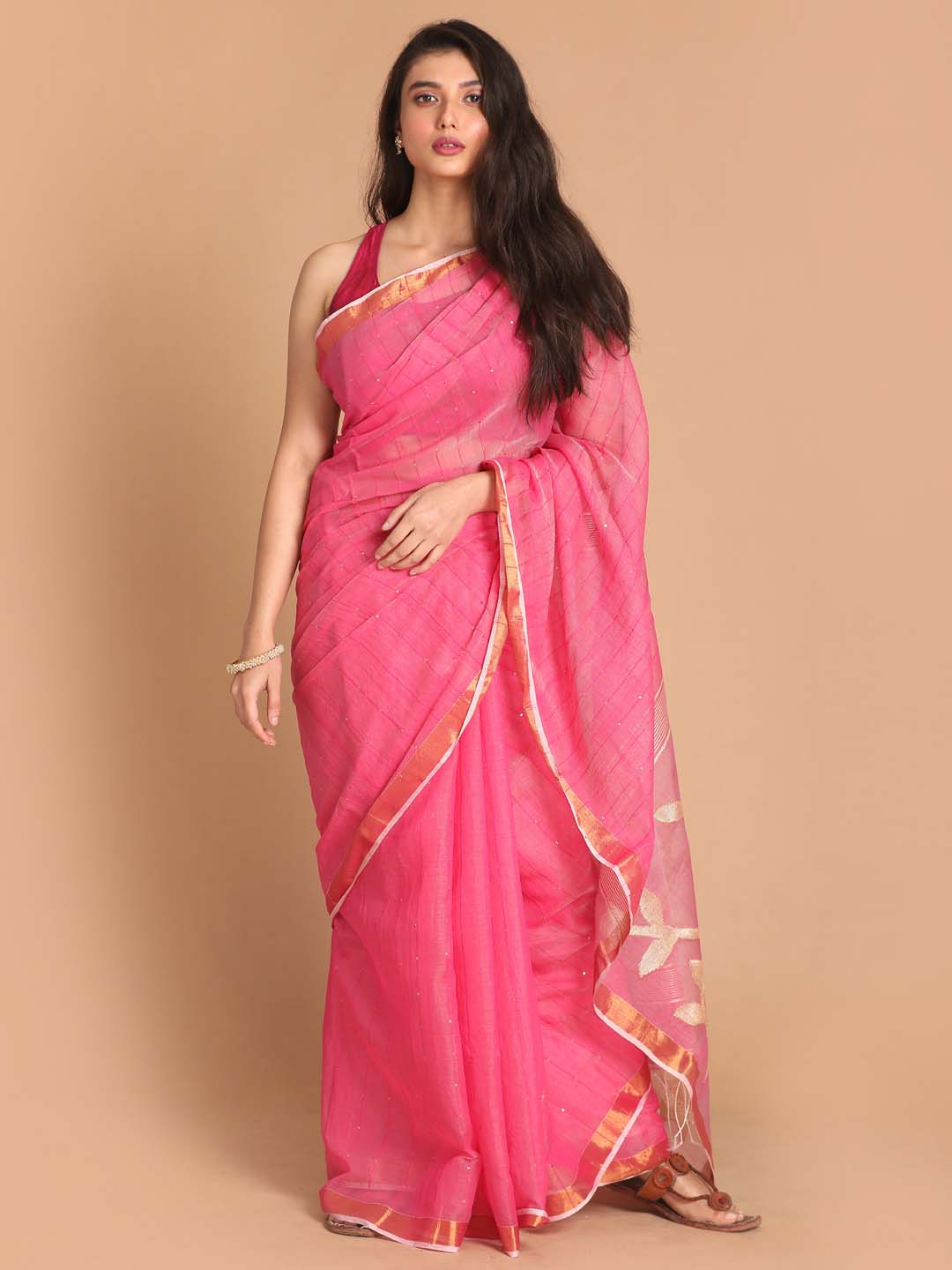 Indethnic Pink Bengal Handloom Cotton Blend Work Saree - View 1